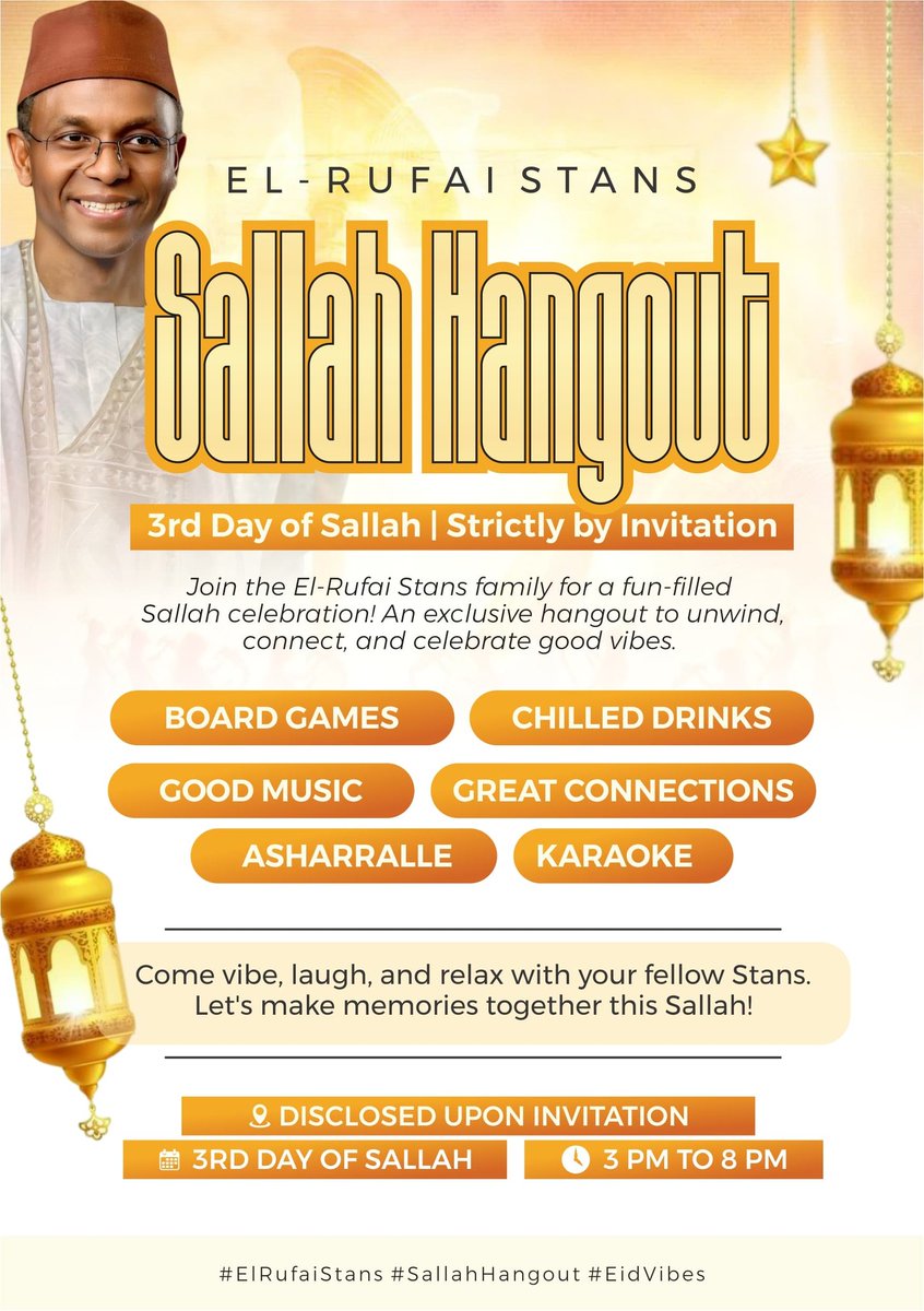 Ibrahim Modibbo Sanusi Maikudi 🇵🇸 (@modibbosanusi) on Twitter photo 🎉 We are Hosting <a href="/elrufai/">Nasir Ahmad El-Rufai</a>
Stans hangout on 3rd Day of Sallah
Bringing together Elrufai Loyalist, fans, supporters, lovers, & family! To connect, and celebrate our shared admiration for the Architect of Modern Kaduna.
This event is non-political 🎉 We are Hosting <a href="/elrufai/">Nasir Ahmad El-Rufai</a>
Stans hangout on 3rd Day of Sallah
Bringing together Elrufai Loyalist, fans, supporters, lovers, & family! To connect, and celebrate our shared admiration for the Architect of Modern Kaduna.
This event is non-political