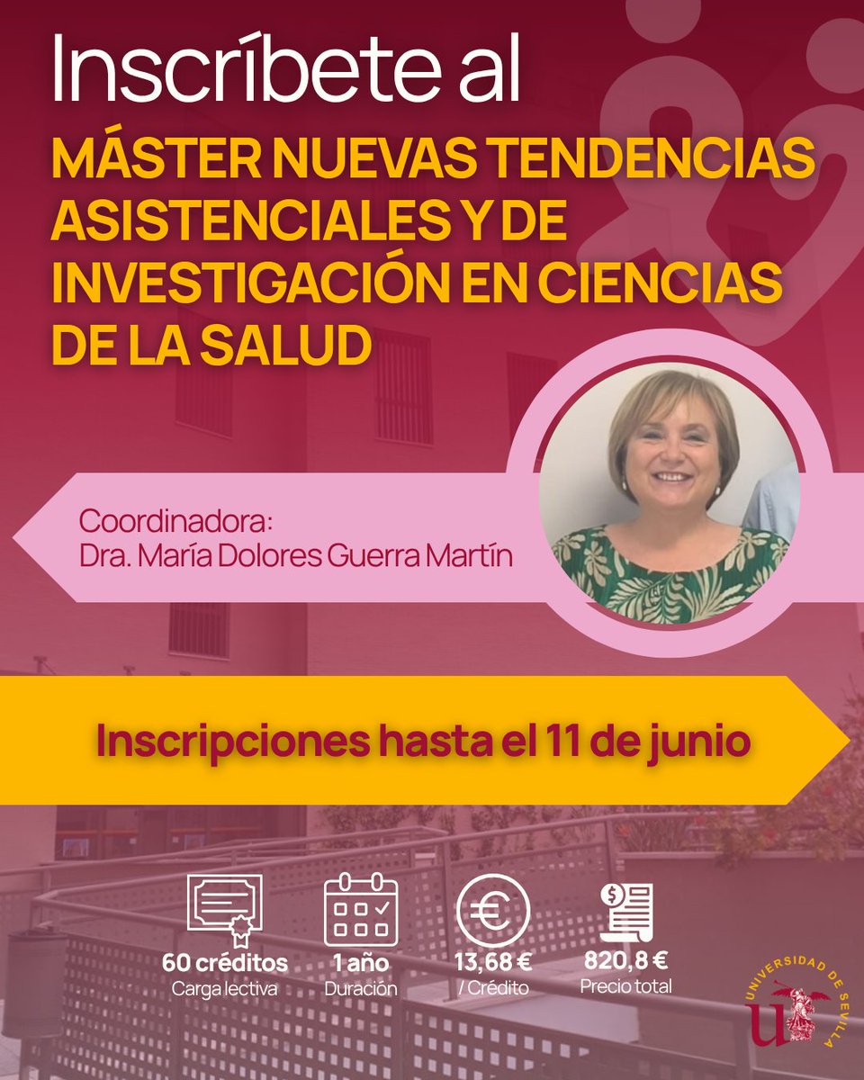 Colegio de Enfermería de Sevilla (@icoesevilla) on Twitter photo 📢 Quedan pocos días para inscribirte en el #Máster ‘Nuevas Tendencias Asistenciales y de #Investigación en #CienciasdelaSalud’ de la <a href="/unisevilla/">Universidad de Sevilla</a>
ℹ️ +INFO e INSCRIPCIONES: ow.ly/rKrT50W4BzB
🔗 <a href="/consejo_andaluz/">Consejo Andaluz de Enfermería</a> <a href="/saludand/">Consejería de Salud y Consumo</a> <a href="/Efp_US/">Facultad de EFP de Sevilla</a>
#MásterSalud #Enfermería 📢 Quedan pocos días para inscribirte en el #Máster ‘Nuevas Tendencias Asistenciales y de #Investigación en #CienciasdelaSalud’ de la <a href="/unisevilla/">Universidad de Sevilla</a>
ℹ️ +INFO e INSCRIPCIONES: ow.ly/rKrT50W4BzB
🔗 <a href="/consejo_andaluz/">Consejo Andaluz de Enfermería</a> <a href="/saludand/">Consejería de Salud y Consumo</a> <a href="/Efp_US/">Facultad de EFP de Sevilla</a>
#MásterSalud #Enfermería