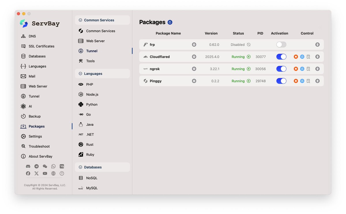 ServBayDev's tweet photo. ServBay 1.13.0 is out! ๐
Now it's easier than ever to share your local dev projects with the world. We've added #frp, #ngrok, #Cloudflare Tunnels, & https://t.co/HVFf6wmUOC support! Plus, 8 new languages. Update & go global! ๐ #ServBay #DevTools #LocalDev https://t.co/l2eD3KiUKi