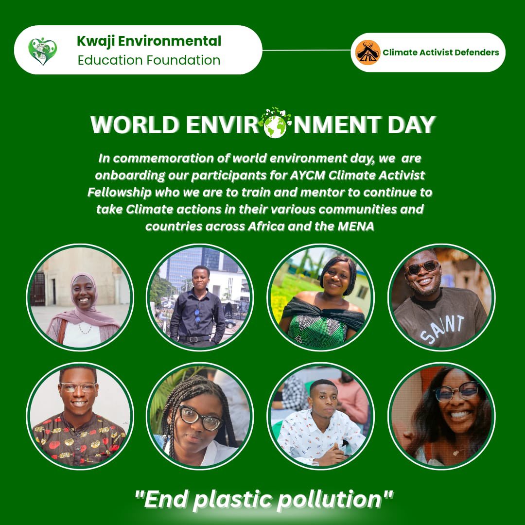 ♻️ In Commemoration of World Environment Day June 5, 2025 with this year theme” Beat Plastic Pollution” we are happy to unveil some of our participants for the Regional Safety and Mentorship Program across Africa and the MENA. 

#AYCM2025 #ClimateAction #WorldEnvironmentDay