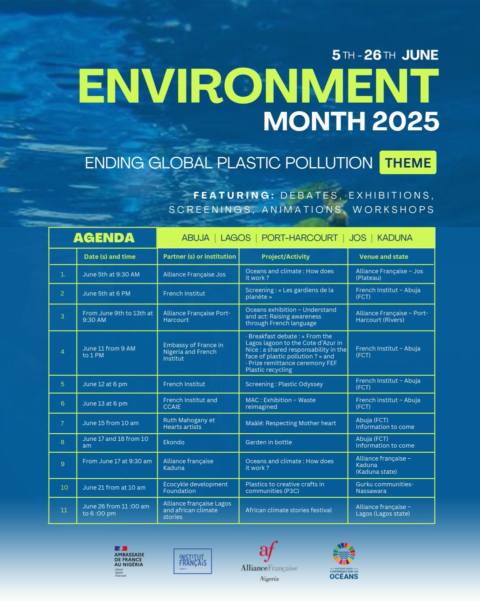 FranceInNigeria's tweet image. 🌍 From  June 5 to 26, @FranceinNigeria marks #WorldEnvironmentDaywith a full #EnvironmentMonth 🇫🇷🇳🇬!
Events in Abuja, Lagos, Kaduna, Jos &amp;amp; Port Harcourt to 🌊#BeatPlasticPollution — ahead of the 🌐 UN Ocean Conference in Nice (June 9–13, 2025).

#UNOC2025 #ClimateAction