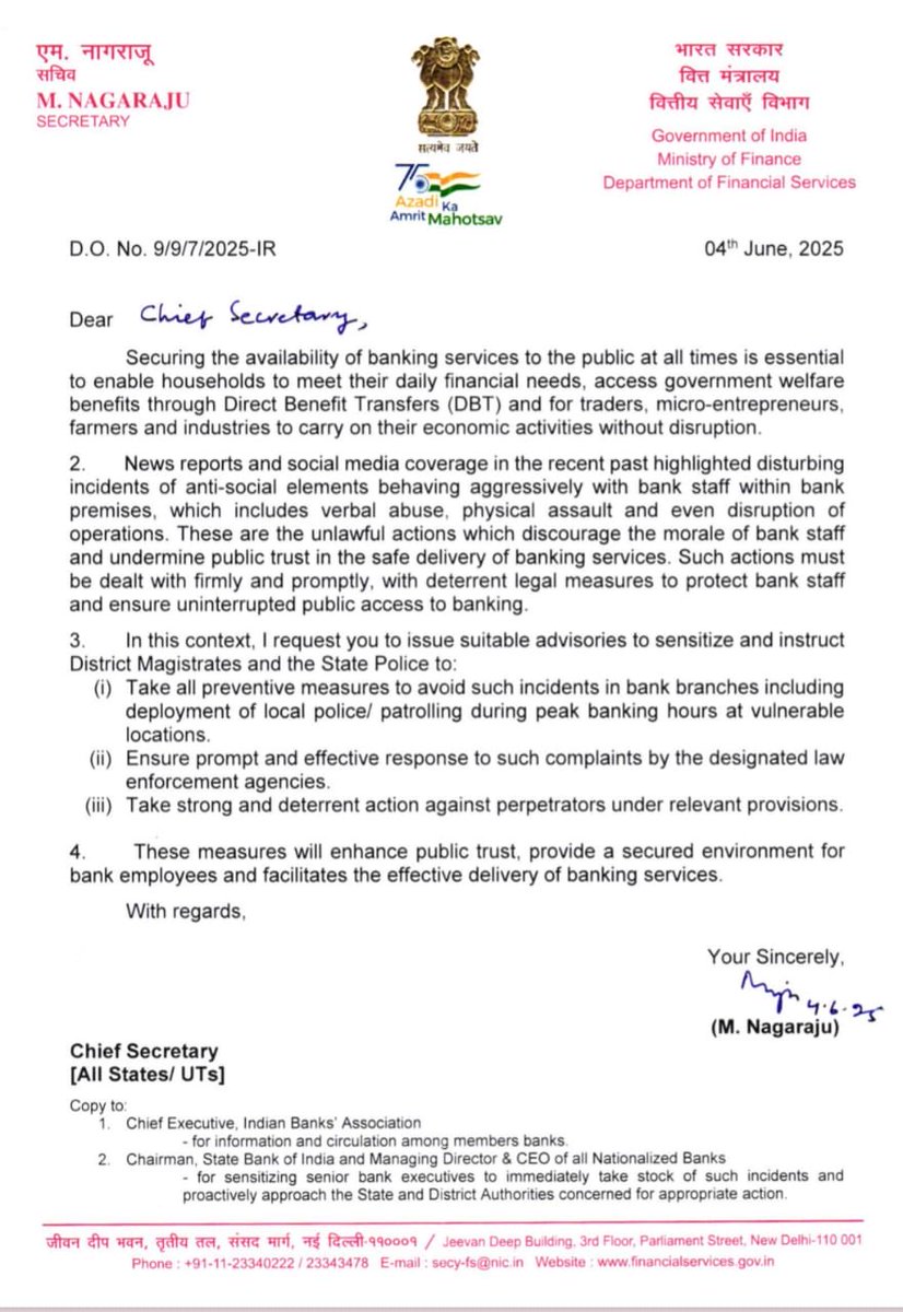 🙏 Grateful to Hon’ble Finance Minister <a href="/nsitharaman/">Nirmala Sitharaman</a> and DFS Secretary Shri M. Nagaraju Sir for issuing strong directions to States for protecting bank staff.

👏 Thanks to <a href="/BMSkendra/">Bharatiya Mazdoor Sangh</a> &amp;  NOBO    for continuous follow-up.

✅ A big win for officer safety &amp; dignity.
#BOMOO