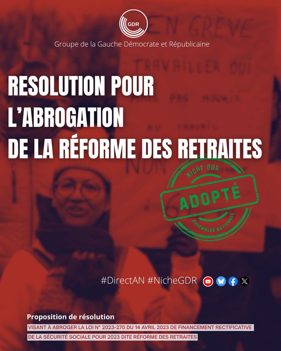 ElsaFaucillon's tweet image. Victoire du groupe GDR: l’Assemblée nationale a adopté notre résolution pour l’abrogation de la retraite à 64 ans !

En 2023, le gouvernement avait piétiné la mobilisation sociale et empêché le vote. Aujourd’hui, la représentation nationale a enfin pu exprimer clairement son…