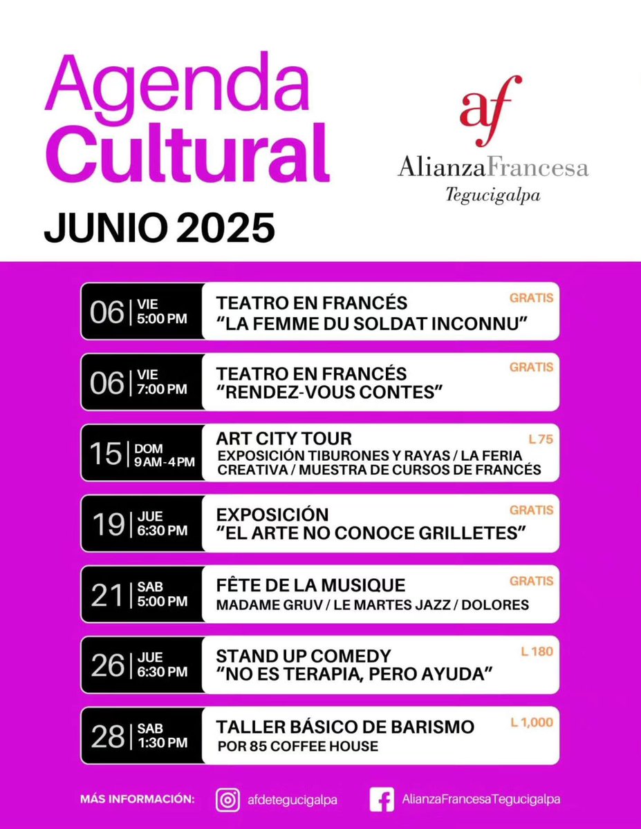 ¡Aquí te dejamos la programación cultural de la Alianza Francesa de Tegucigalpa para el mes de junio!