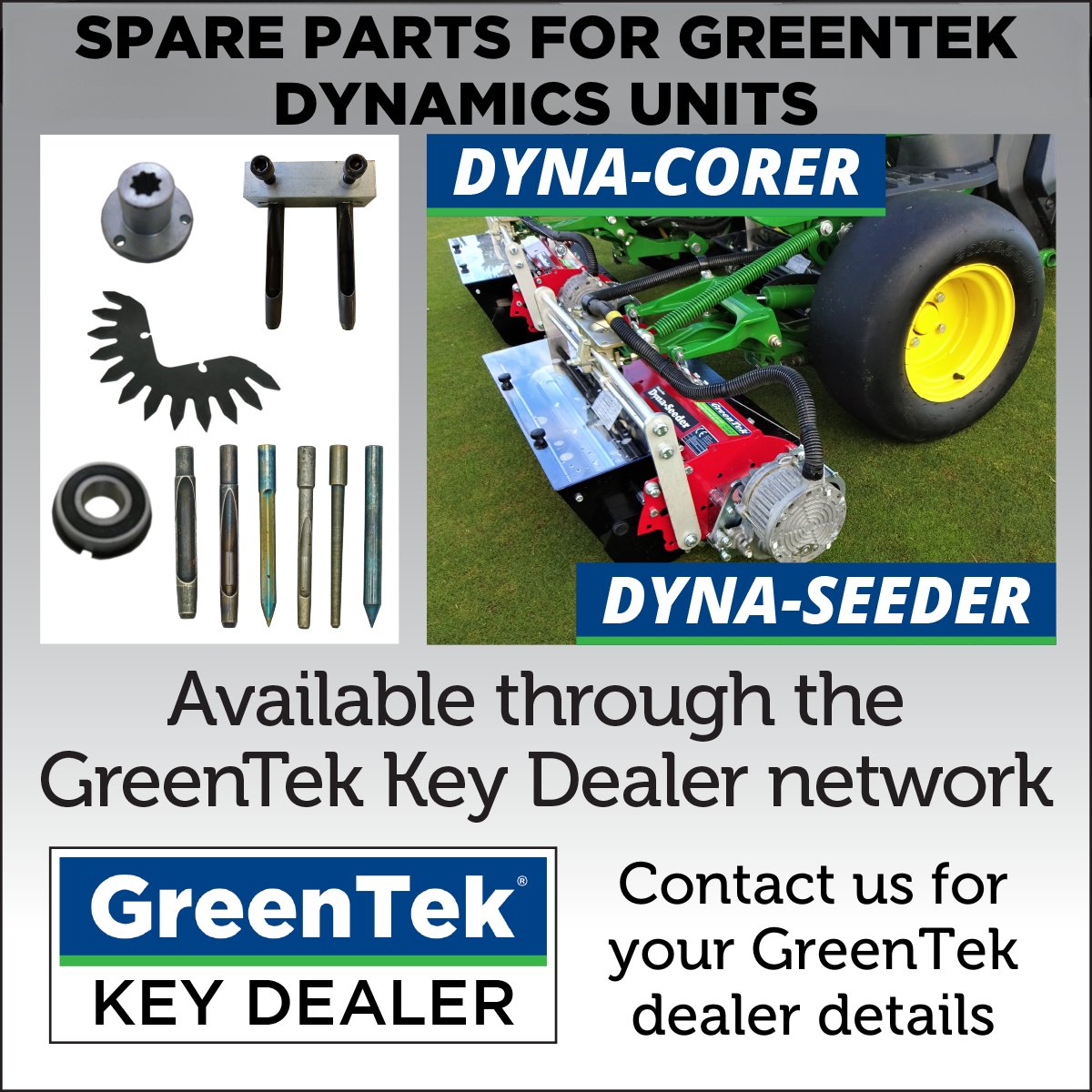 Use Solid tines or Cross tines on your Dyna-Corers to relieve compaction!
Are your Dyna-Seeders ready for overseeding those bare patches?
Contact your  <a href="/GreenTekGroup/">GreenTek</a>  dealer for spare parts and service.
#GreenTek #Dynacoring #Dynaseeding #Greenkeeping #Turfcare #Agronomy
