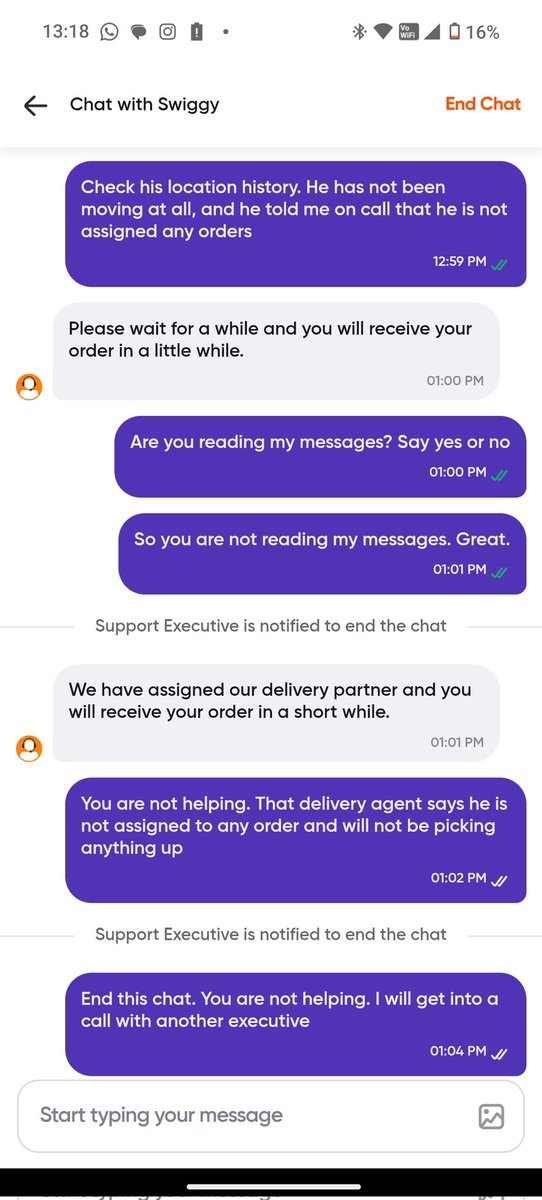 RahulSabinkar's tweet photo. @SwiggyCares Had a terrible experience. Ordered food (bolt), showed 14 mins ETA, the delivery guy didn't move, 50 mins later, another guy got assigned. The Customer Executive was very frustrating, only sending automated messages, not reading my mine at all.

ID: 208076241304929 https://t.co/Q2ATWyr7W1