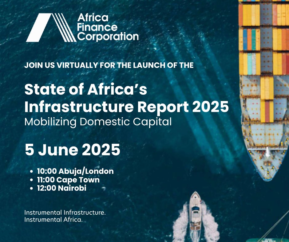 African Business (@africanbizmag) on Twitter photo We’re going live in 30 minutes
Join us for the launch of the State of Africa’s Infrastructure Report 2025 by Africa Finance Corporation.
📅 Happening Today 5 June | 🕙 10:00 Abuja/London | 11:00 Cape Town | 12:00 Nairobi
🔗 Join via Zoom: us02web.zoom.us/j/81716825542
<a href="/africa_finance/">Africa Finance Corporation</a> We’re going live in 30 minutes
Join us for the launch of the State of Africa’s Infrastructure Report 2025 by Africa Finance Corporation.
📅 Happening Today 5 June | 🕙 10:00 Abuja/London | 11:00 Cape Town | 12:00 Nairobi
🔗 Join via Zoom: us02web.zoom.us/j/81716825542
<a href="/africa_finance/">Africa Finance Corporation</a>