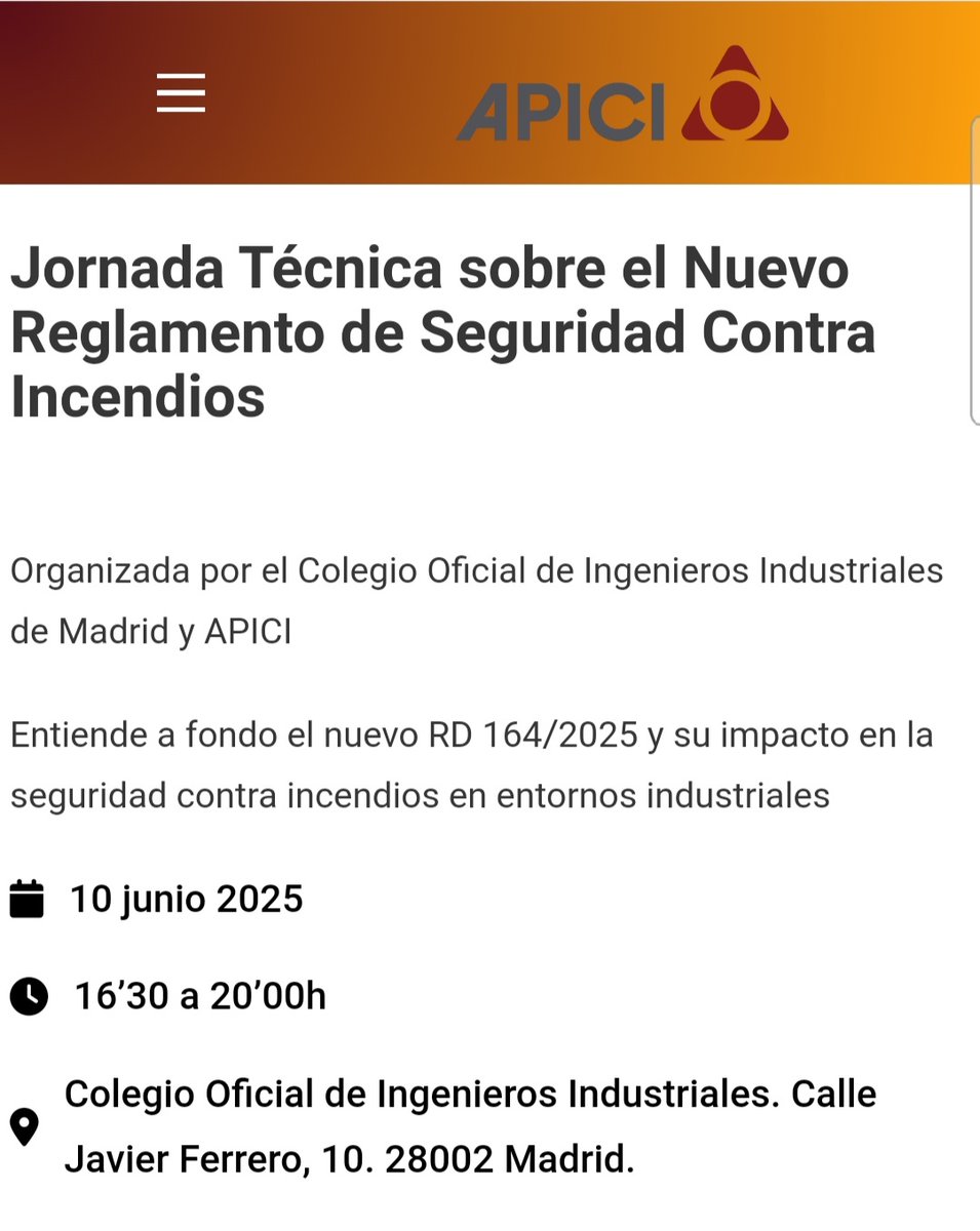 Nueva colaboración de #APTB con #APICI, esta vez en la Jornada Técnica sobre el Nuevo #Reglamento de #Seguridad Contra #Incendios, el próximo día 10 de junio en Madrid. Germán Pérez Zavala será el ponente de APTB. Imprescindible inscripción (gratuita) en apici.es/eventos-proxim…