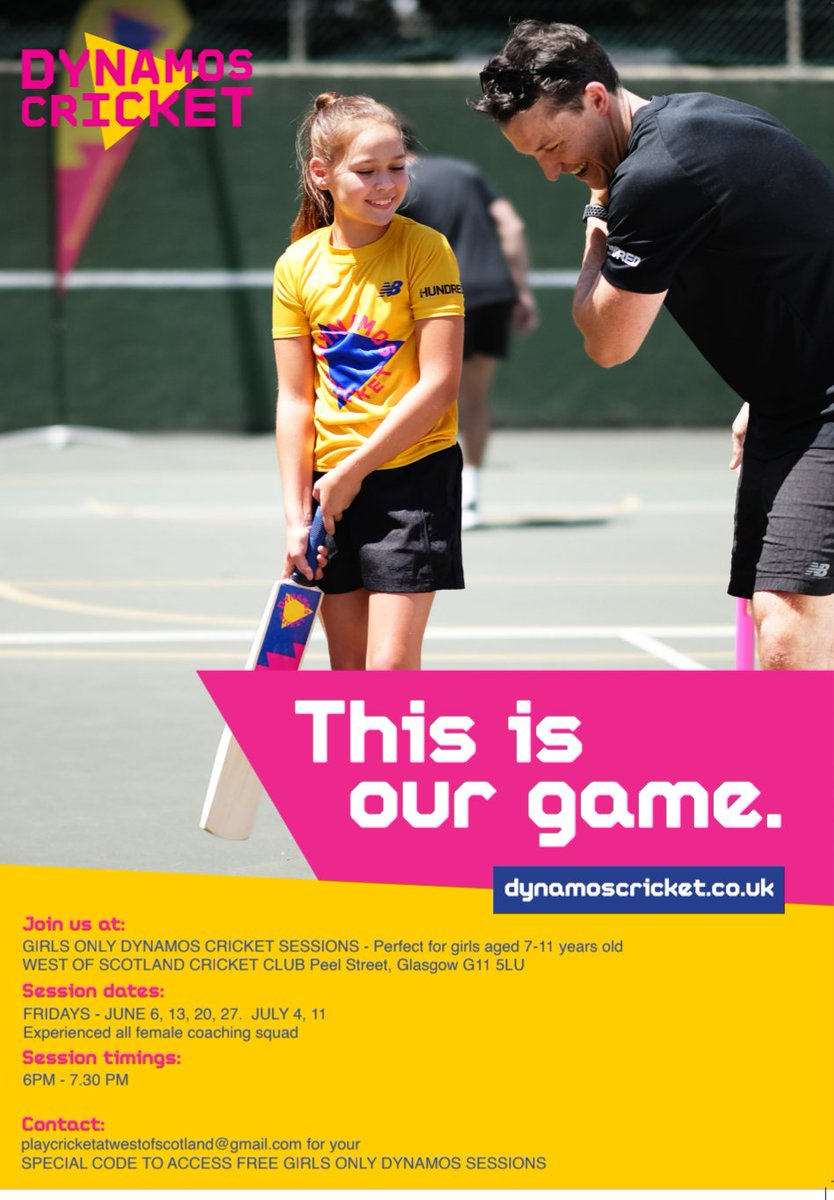 Mark O'Mara Active Schools (@asghyndland) on Twitter photo Free Girls only cricket sessions from age 7-11 years. Still some spaces left.
See details below.
Based at <a href="/WoSCC/">McCrea FS West of Scotland Cricket Club</a> <a href="/BroomhillPSG/">Broomhill Primary School</a> <a href="/HyndlandPS/">Hyndland Primary</a> <a href="/ThornwoodPri/">Thornwood Primary</a> <a href="/WhiteinchPri/">Whiteinch Primary School</a> <a href="/NotreDamePri/">Notre Dame Primary</a> Free Girls only cricket sessions from age 7-11 years. Still some spaces left.
See details below.
Based at <a href="/WoSCC/">McCrea FS West of Scotland Cricket Club</a> <a href="/BroomhillPSG/">Broomhill Primary School</a> <a href="/HyndlandPS/">Hyndland Primary</a> <a href="/ThornwoodPri/">Thornwood Primary</a> <a href="/WhiteinchPri/">Whiteinch Primary School</a> <a href="/NotreDamePri/">Notre Dame Primary</a>