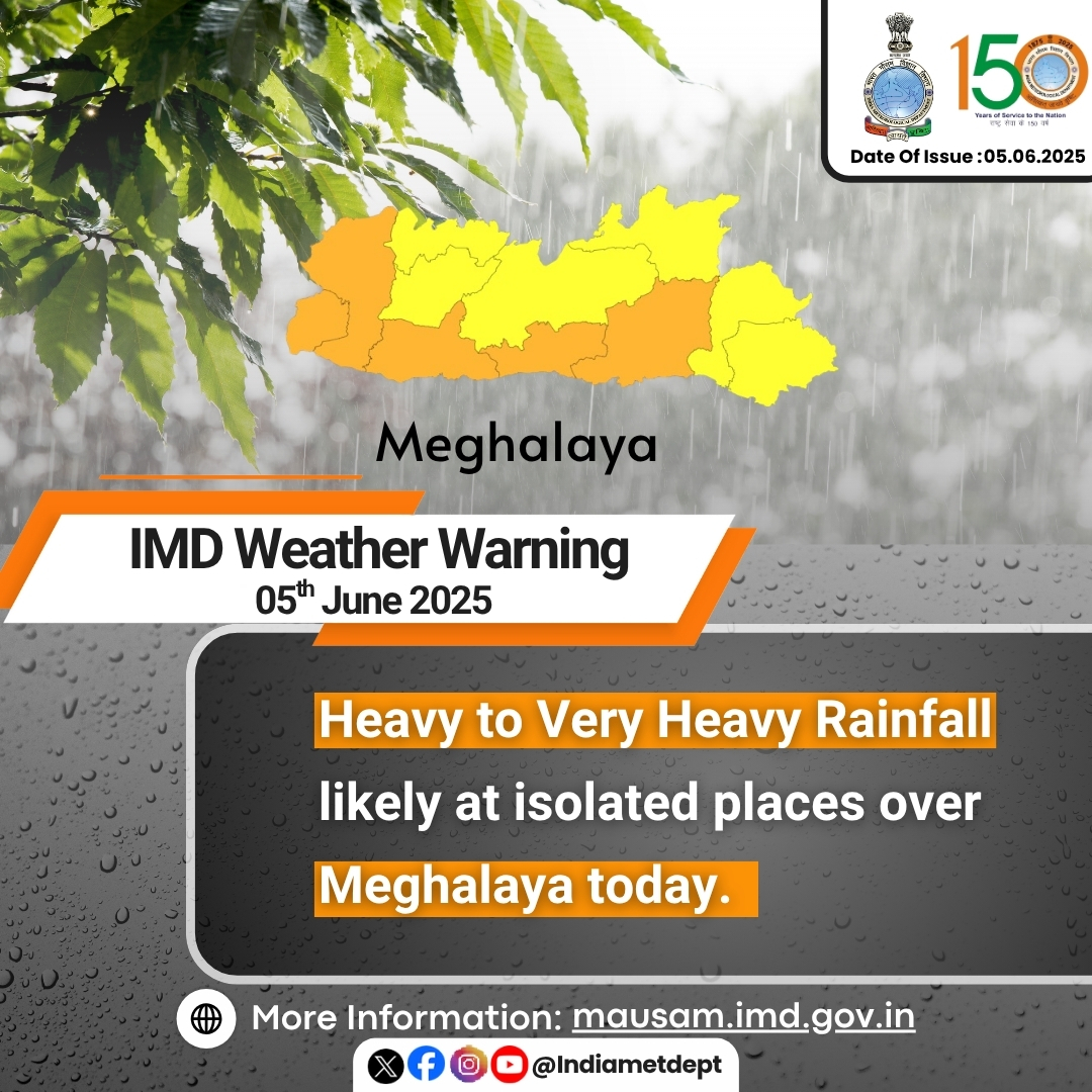 Indiametdept's tweet image. Heavy to Very Heavy Rainfall likely at isolated places over Meghalaya today.

#imdweather #rainfall #rainfallupdate #MeghalayaWeather #HeavyRainfall #ExtremeWeather #MonsoonSeason #WeatherUpdate #StaySafe

@moesgoi @airnewsalerts @DDNational @ndmaindia