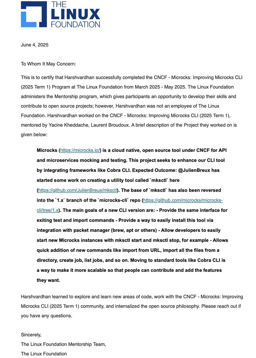 Harshvardhan β (@harsh_4902) on Twitter photo Another chapter comes to an end β¨
Still, Iβll continue working on <a href="/microcksio/">Microcks</a> and Microcks-CLI. Join us if you find it interesting.
Thank you, <a href="/lbroudoux/">Laurent Broudoux</a> and <a href="/YadaYac/">Yacine Kheddache</a>, for your support and guidance. A huge thanks to <a href="/CloudNativeFdn/">CNCF</a> for this opportunity. Another chapter comes to an end β¨
Still, Iβll continue working on <a href="/microcksio/">Microcks</a> and Microcks-CLI. Join us if you find it interesting.
Thank you, <a href="/lbroudoux/">Laurent Broudoux</a> and <a href="/YadaYac/">Yacine Kheddache</a>, for your support and guidance. A huge thanks to <a href="/CloudNativeFdn/">CNCF</a> for this opportunity.