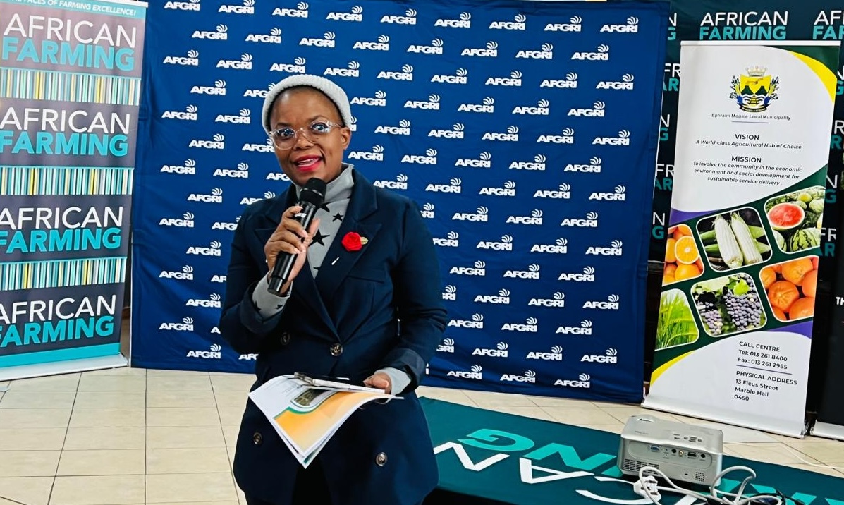 Precious Pitso, Ephraim Mogale Local Municipality LED Officer, welcoming attendees at the African Farming Financial and related Production Matters Workshop taking place at the Marble Hall Town Hall in Limpopo today.

Proudly sponsored by: RMIS Inclusive Growth | AFGRI | Ford |