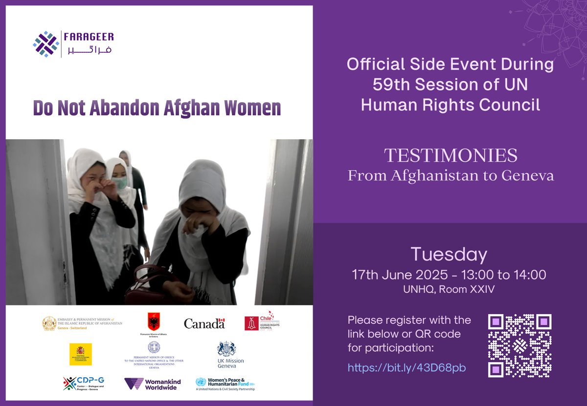 FARAGEER's tweet image. Register to join our #SideEvent & learn how women of Afghanistan are resisting Taliban's #GenderApartheid policies and solidifying their efforts and messages all the way from Afghanistan to Geneva.
@AfghanistanInCH
@AlbaniaInGeneva
@CanadaGeneve
@GreeceInGeneva…
