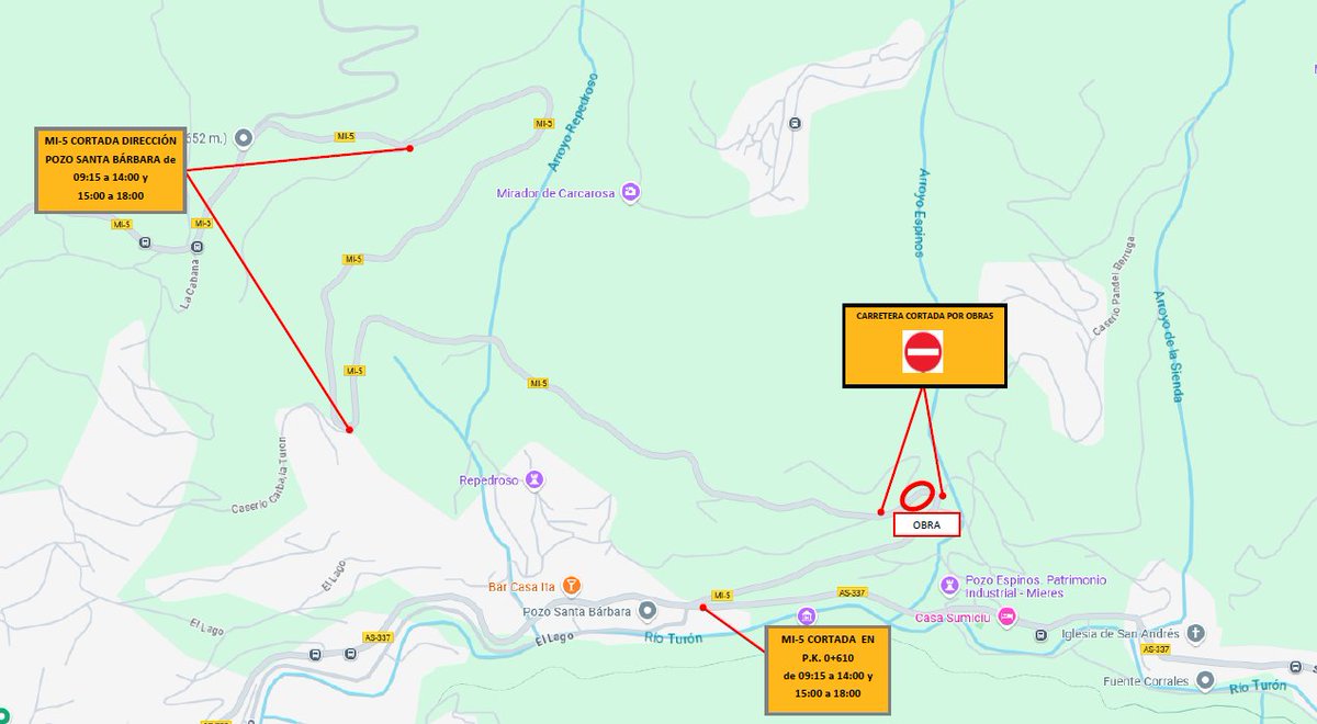Corte de tráfico en la carretera MI-05, por obras de emergencia tras un desprendimiento
Desde HUNOSA informan del comienzo de las obras de en el p.k. 0,600, necesarias para la recuperación y estabilización de un talud. 
Cortes y horarios: