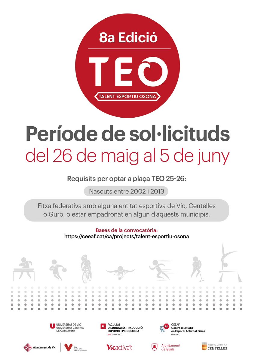 Talent Esportiu Osona (@tceeaf) on Twitter photo ⚠️Últim dia Període de sol•licituds TEO 25-26:8a Edició
Ajudem a joves esportistes del territori a assolir les seves fites #somtalent
Bases de convocatòria i formulari de sol•licitud al web CEEAF 👉🏻 ceeaf.cat/ca/projects/ta…
🚨Presenta candidatura a través de la teva entitat ⚠️Últim dia Període de sol•licituds TEO 25-26:8a Edició
Ajudem a joves esportistes del territori a assolir les seves fites #somtalent
Bases de convocatòria i formulari de sol•licitud al web CEEAF 👉🏻 ceeaf.cat/ca/projects/ta…
🚨Presenta candidatura a través de la teva entitat
