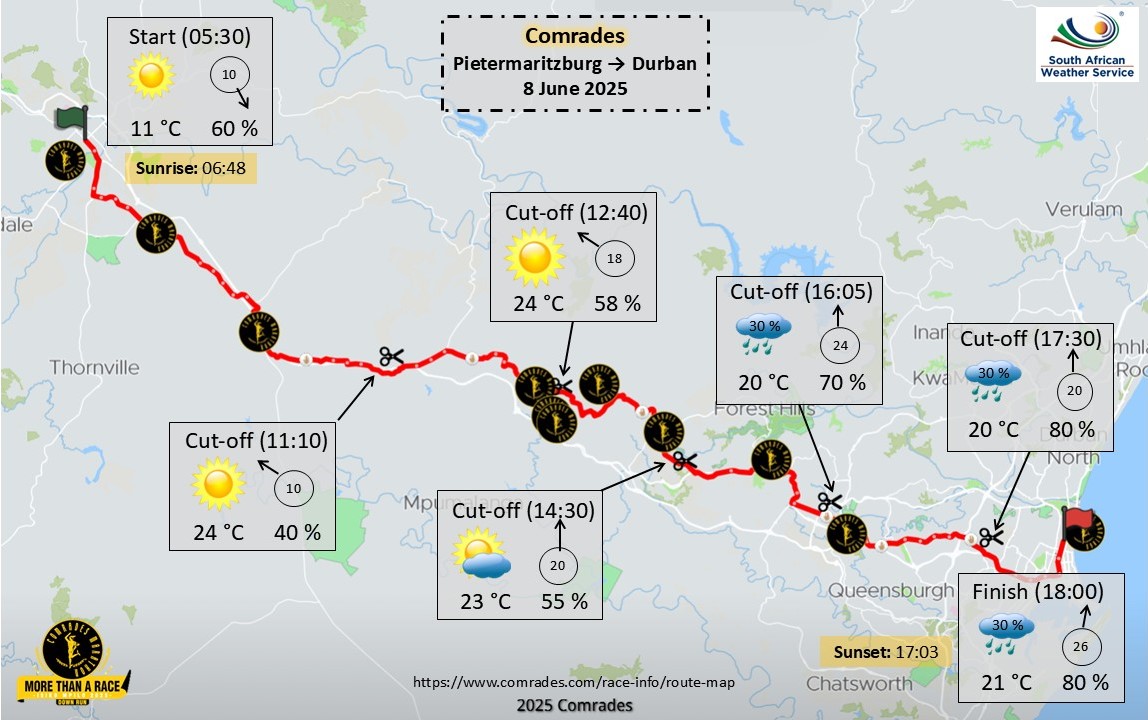 SAWeatherServic's tweet photo. ⛈️Weather forecast for the 8th of June 2025: Comrades marathon detailed forecast. 
#saws #weatheroutlook #southafricanweather https://t.co/9yymL5qMTI