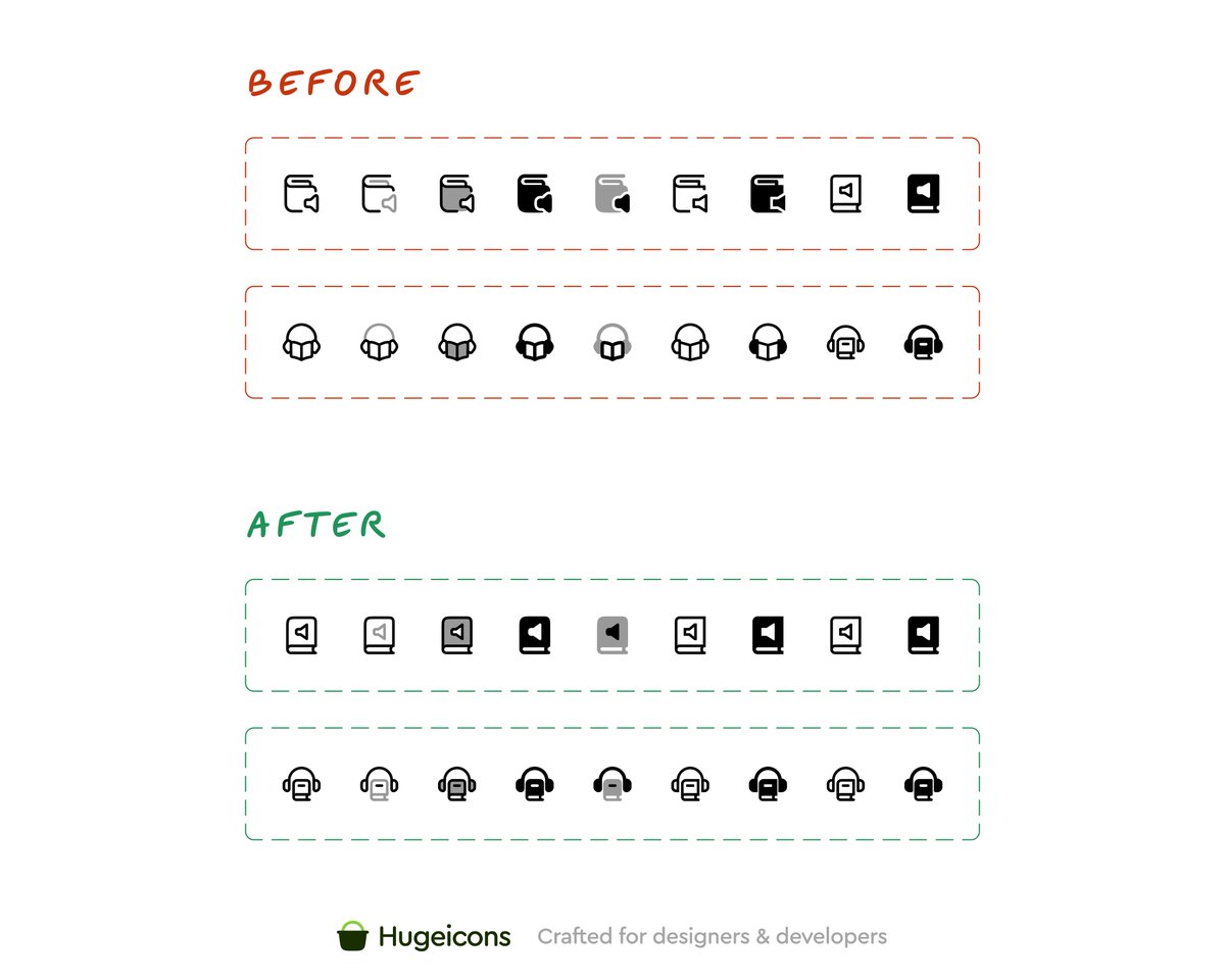 We've been tweaking some of our icons lately, and looking at our Audio Book icons, we felt it might use some attention.

Instead of cramming the elements together, we simplified them by getting them on top of each other.

The new version feels way more balanced. The book is