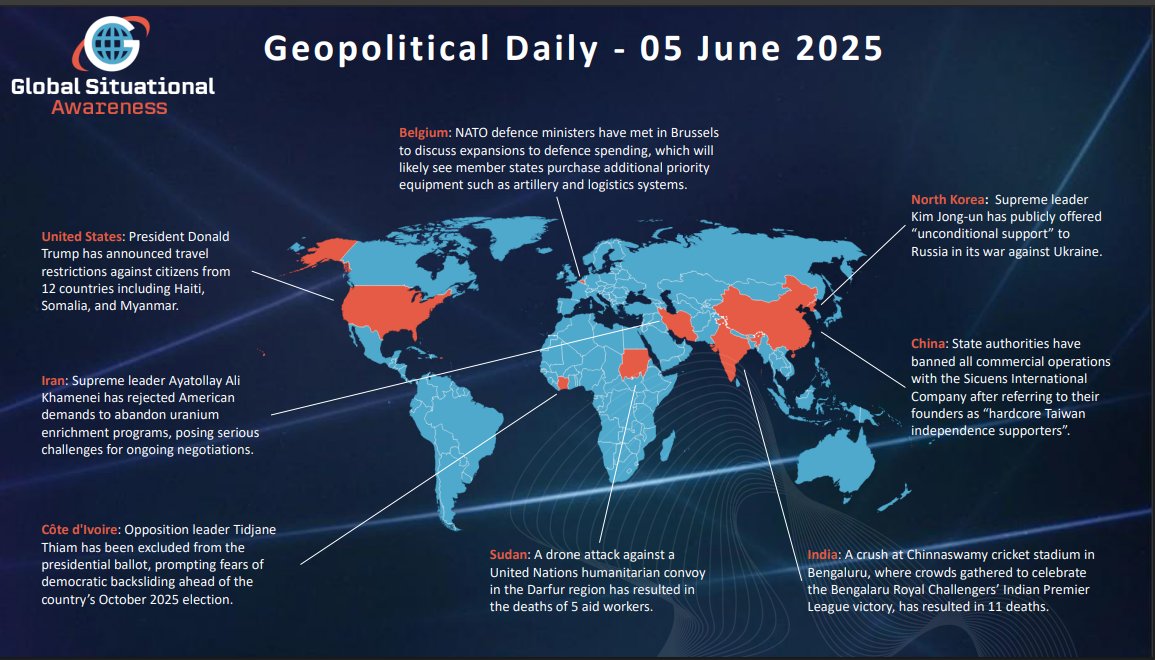 GlobalSituAware's tweet photo. Check out the latest Global Situational Awareness #Geopolitical Daily - 05 June 2025 #Risk Brief: https://t.co/BY2fzUycJt