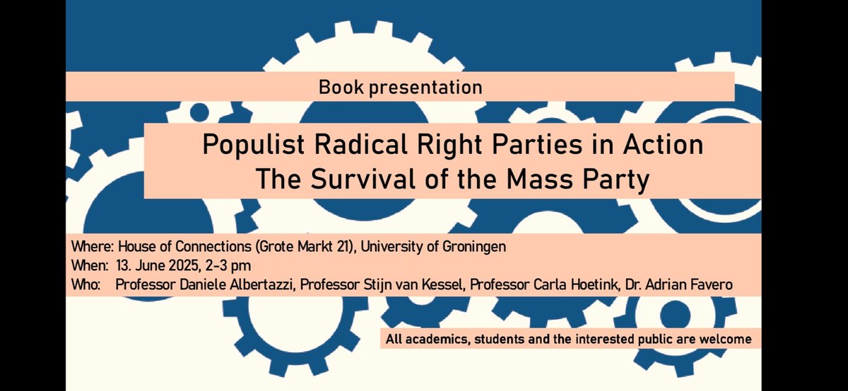 DrAlbertazziUK's tweet photo. Our book "Populist Radical Right Parties in Action: The Survival of the Mass Party" will come out in a few days for Oxford Un Press. Open Access (free to read), &amp; supported by @ESRC. Come &amp; say hello at book launch in Groningen on the 13th of June!👇 https://t.co/YUiu1tzdo7