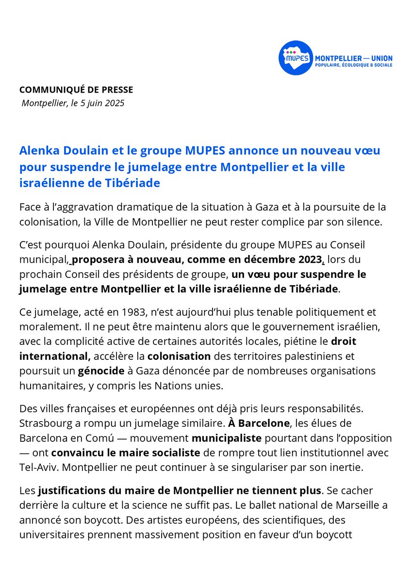 AlenkaDoulain's tweet image. Montpellier ne peut plus rester complice.

Comme en 2023  nous demandons à nouveau la suspension du jumelage avec Tibériade, ville d’un État qui génocide les habitants de Gaza et colonise la Cisjordanie. 

Le boycott est un devoir moral.