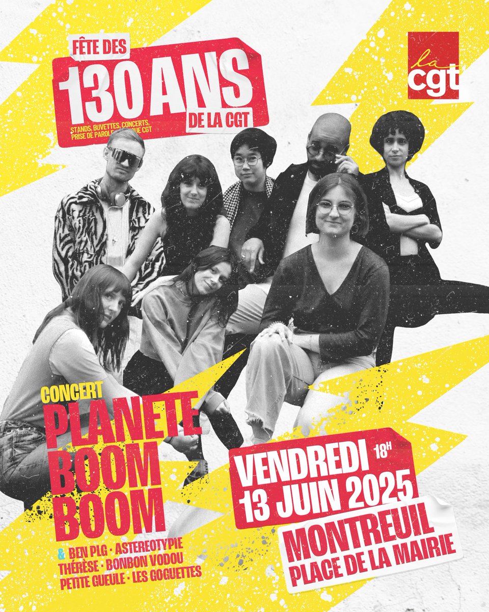 Le 13 juin prochain, la CGT fête ses 130 ans 🎉

Rendez-vous à partir de 17h, sur le parvis de la Mairie de Montreuil, pour une soirée où l’histoire de la CGT, les luttes et la fête seront à l’honneur 🔴

ℹ️ Infos et programme complet :
cgt.fr/fete130ans