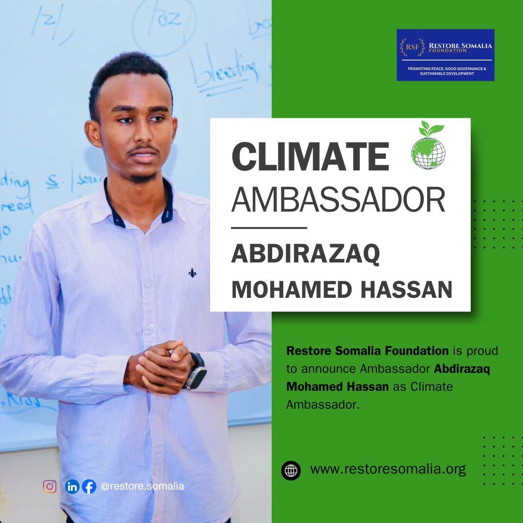 I’m proud to be appointed as a Climate Ambassador with #restoreSomaliafoundation

 I will be working with youth and communities to promote #ClimateAction, awareness &amp; sustainability across Somalia. Together, we can build a resilient and climate-smart Somalia.
