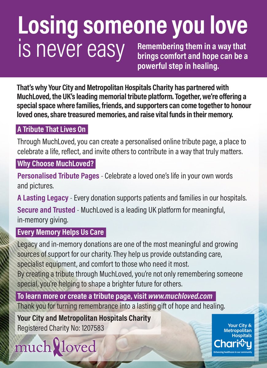 SWBHCharity's tweet image. Losing someone is never easy—but remembering them can bring comfort and hope. 💙
Create a tribute with MuchLoved and support care at Your City & Metropolitan Hospitals Charity in their memory.
Learn more ➡️ muchloved.com
@SWBHnhs #InMemory #MuchLoved #TributeThatLivesOn