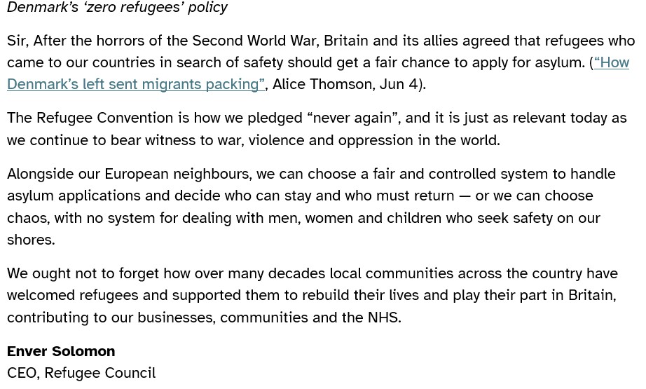 "We ought not to forget how, over many decades, local communities across the country have welcomed refugees and supported them to rebuild their lives and play their part in Britain..." 

<a href="/EnverSol/">Enver Solomon 🧡</a> in today's <a href="/thetimes/">The Times and The Sunday Times</a> Letters page.
