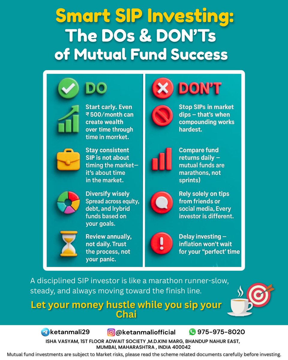 ketanmali99's tweet image. 💰 Smart SIP Investing: The DOs ✅ &amp;amp; DON&apos;Ts ❌ of Mutual Fund Success 📊

Investing in mutual funds through SIPs can build serious wealth — but only if done the smart way!
#smartsip #mutualfundtips #sipinvesting #wealthbuilding #mutualfundsindia #ﬁnancialfreedom #investmenttips