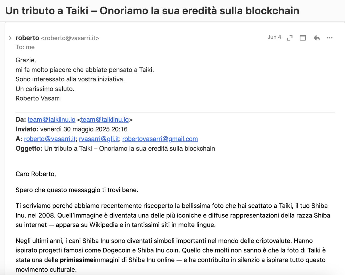 Taiki Inu - The Face Of Shib (@taikiinu) on Twitter photo We’ve been in touch with Roberto Vasarri <a href="/rvasarri/">Roberto Vasarri</a> — the man who photographed Taiki back in 2008.
He replied.
He’s interested.
Nothing official yet, but this is the beginning of something real.
$TAIKI is not just another meme — we’re building with legacy. We’ve been in touch with Roberto Vasarri <a href="/rvasarri/">Roberto Vasarri</a> — the man who photographed Taiki back in 2008.
He replied.
He’s interested.
Nothing official yet, but this is the beginning of something real.
$TAIKI is not just another meme — we’re building with legacy.