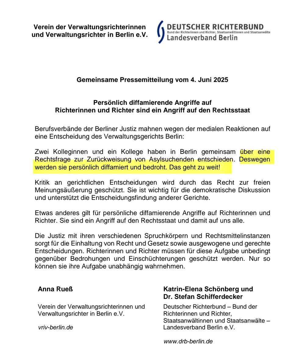Die Richter*innen vom Verwaltungsgericht Berlin, die die #Zurückweisungen gestoppt haben, werden nun persönlich bedroht, vermelden die Berufsverbände. Angriffe auf die Gewaltenteilung sind von konservativ bis rechts salonfähig geworden. Genau das ist das Ergebnis!