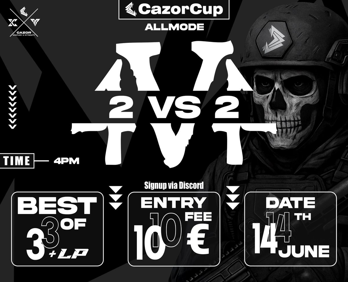 🇪🇺 | EU
🏆 | 2v2 Tournament
🎮 | Black Ops 6 | Allmode
🔀 | Double elimination Bracket
📑 | Best of 3 Games
↪️ ( Hardpoint / S&amp;D } Control )
🗓️ | Saturday 14 June
🕚 | 16Uhr / 4pm MEZ
🆚 | 16 teams
🏦 | 10€ buy in

Registration ⤵️ 
discord.gg/kw66tg6Ysf