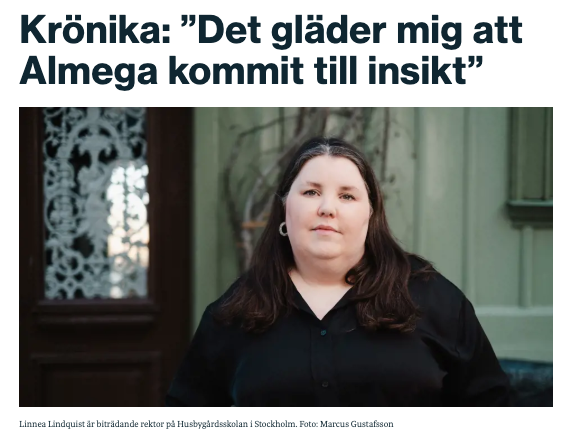 ”Det gläder mig att Almega har kommit till insikt. Jag ser fram emot att de går i bräschen för att stoppa den fria etableringsrätten”, skriver <a href="/rektor_linnea/">Linnea Lindquist</a> om Almega utbildnings nya uppförandekod kring friskolor.

skolledaren.se/aktuellt/nyhet…