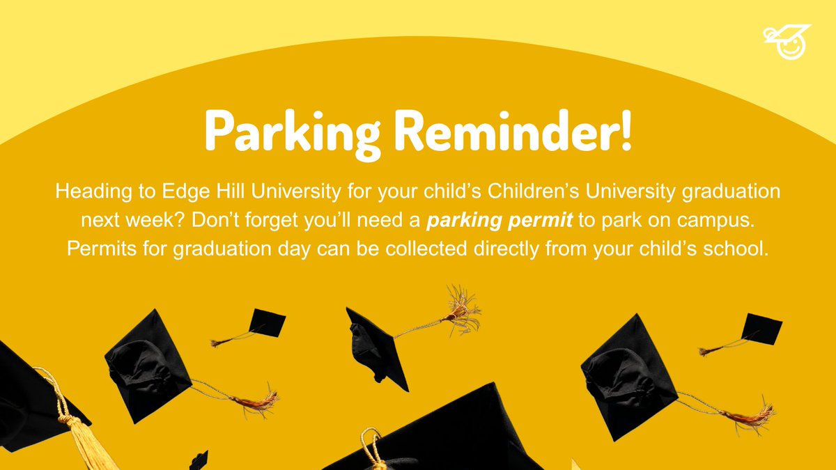 Sefton Children's University (@seftoncu) on Twitter photo Just a quick reminder to all parents/guardians heading to <a href="/edgehill/">Edge Hill University</a> for their child's graduation next week!
Don't forget to collect a parking permit from your child's school if you're planning on parking on campus. #CUGrad25 Just a quick reminder to all parents/guardians heading to <a href="/edgehill/">Edge Hill University</a> for their child's graduation next week!
Don't forget to collect a parking permit from your child's school if you're planning on parking on campus. #CUGrad25
