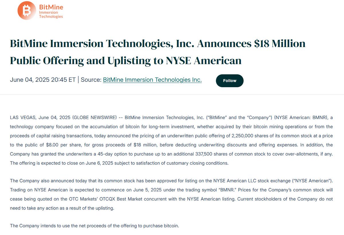 NEW: Bitcoin miner BitMine raises 💵 $18M in a public offering to purchase  Bitcoin and expand its treasury, and announces approval for listing on NYSE  American, trading as $BMNR starting today.