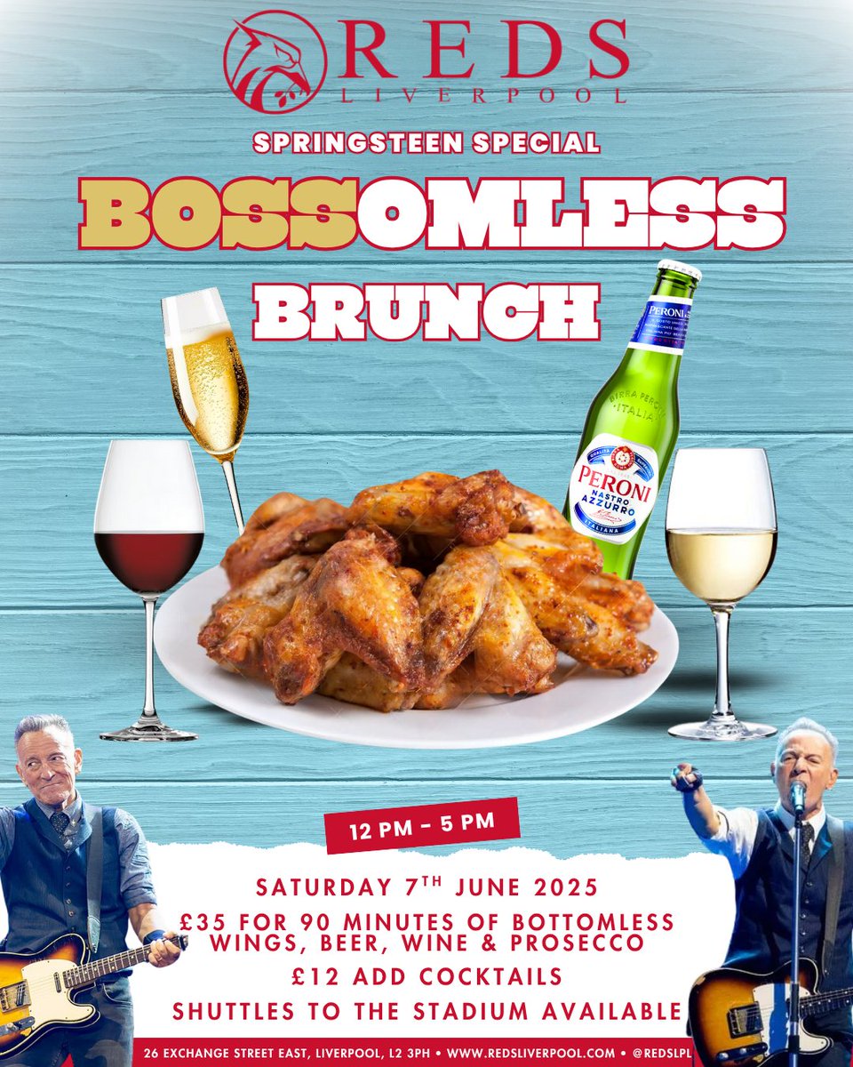 BOSSOMLESS BRUNCH

90 minutes of bottomless wings, beers, wine &amp; prosecco. Option to add cocktails and direct shuttles running to Anfield for the gig available.

Available from 12.00pm to 5.00pm this Saturday. Book your table now via our website.