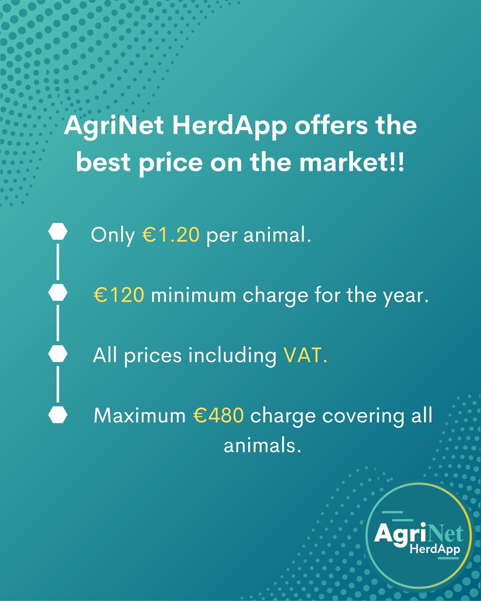 At AgriNet HerdApp, we guarantee Honest Pricing! Our prices include VAT, with no hidden fees or tiered costs. Reach out today to start off your 30-Day Free Trial. Discover more at agrinet.ie! 💰