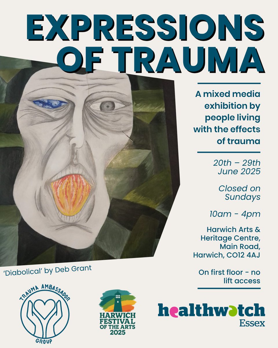 Expressions of Trauma joins the Harwich Festival of the Arts 2025!

The exhibition is open between 10am and 4pm 20th-29th June 2025 at Harwich Arts &amp; Heritage Centre, Main Road, Harwich, CO12 4AJ. It is closed on Sundays.