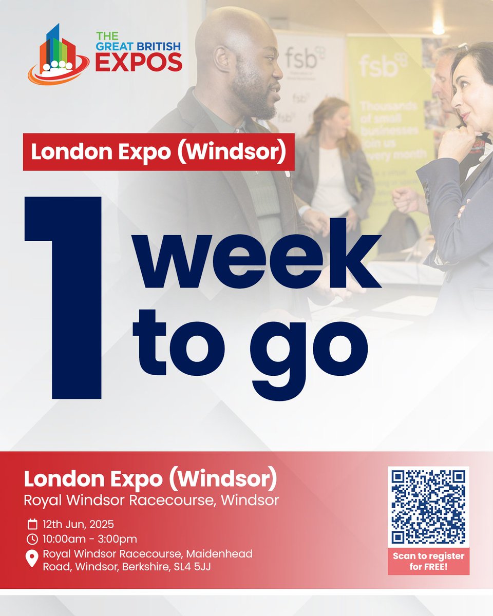 GBExpos's tweet photo. 𝟏 𝐖𝐄𝐄𝐊 𝐓𝐎 𝐆𝐎...

London Expo (Windsor)
12th Jun, 2025
10:00am - 3:00pm
Royal Windsor Racecourse, Maidenhead Road, Windsor, Berkshire, SL4 5JJ

Get your tickets here - https://t.co/T4ecf5NsS8

#gbexpos #windsor #networking #givebacktothecommunity https://t.co/Ski7Gh60Cv