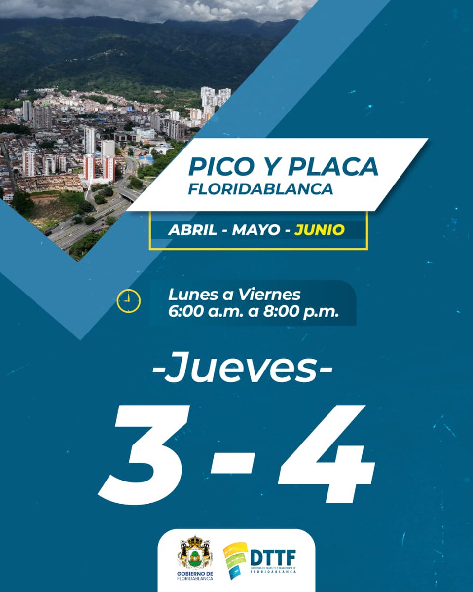 #PicoYPlacaJunio
 🚙Jueves 5 de junio, la medida de pico y placa se aplica a los vehículos particulares cuyas placas terminan en 3 y 4 
⏰ La restricción estará vigente desde las 6:00 am hasta las 8:00 pm, con el objetivo de mejorar la circulación vehicular