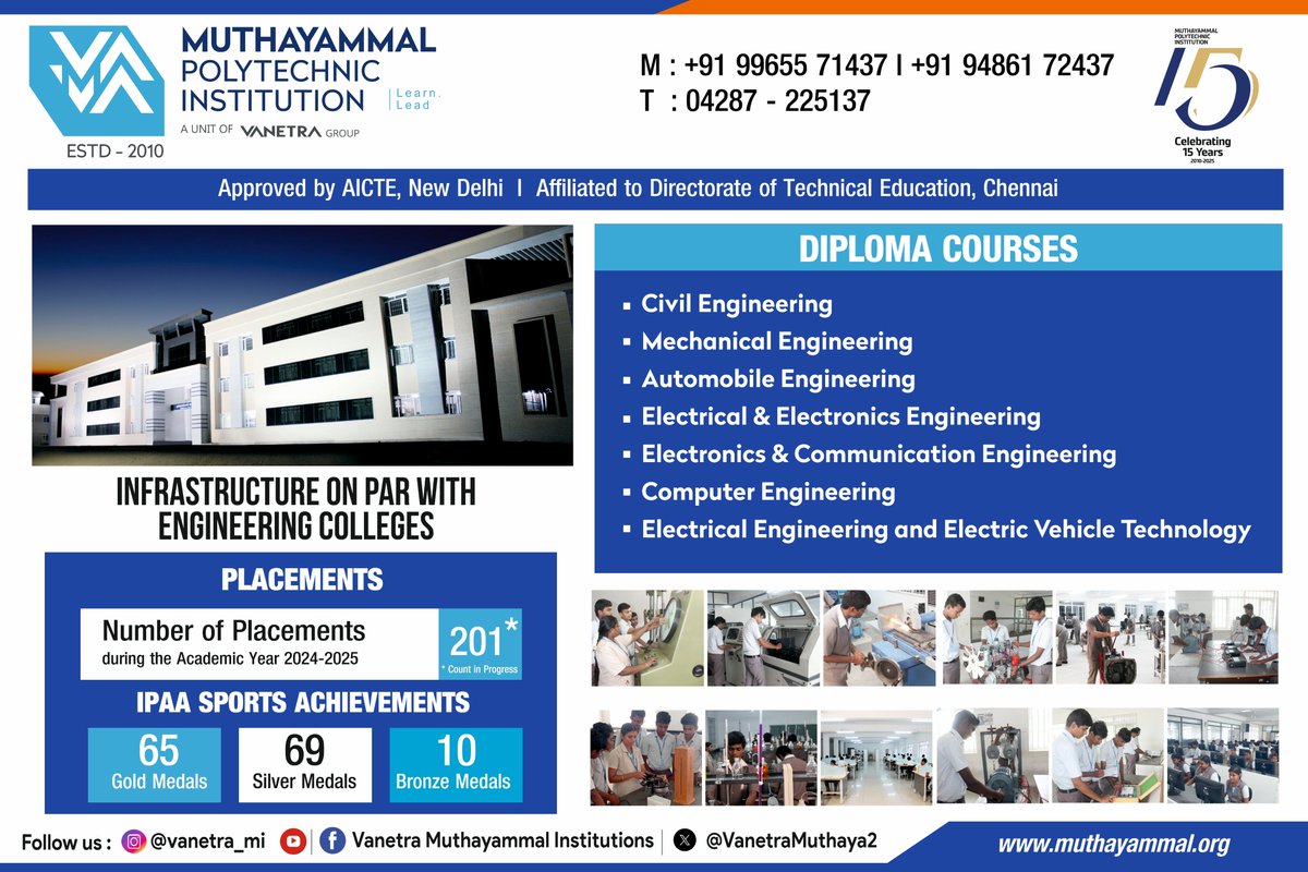 VanetraMuthaya2's tweet image. 🎓 Admissions Open 2025-26 | MPTI 🏫
Secure your future with top-notch technical education at MPTI
💼 201+ placements in 2024-25
IPAA Sports Achievements
🥇65 Gold | 🥈69 Silver | 🥉10 Bronze Medals
#MPTI #AdmissionsOpen #PolytechnicEducation #CampusPlacements #vanetra