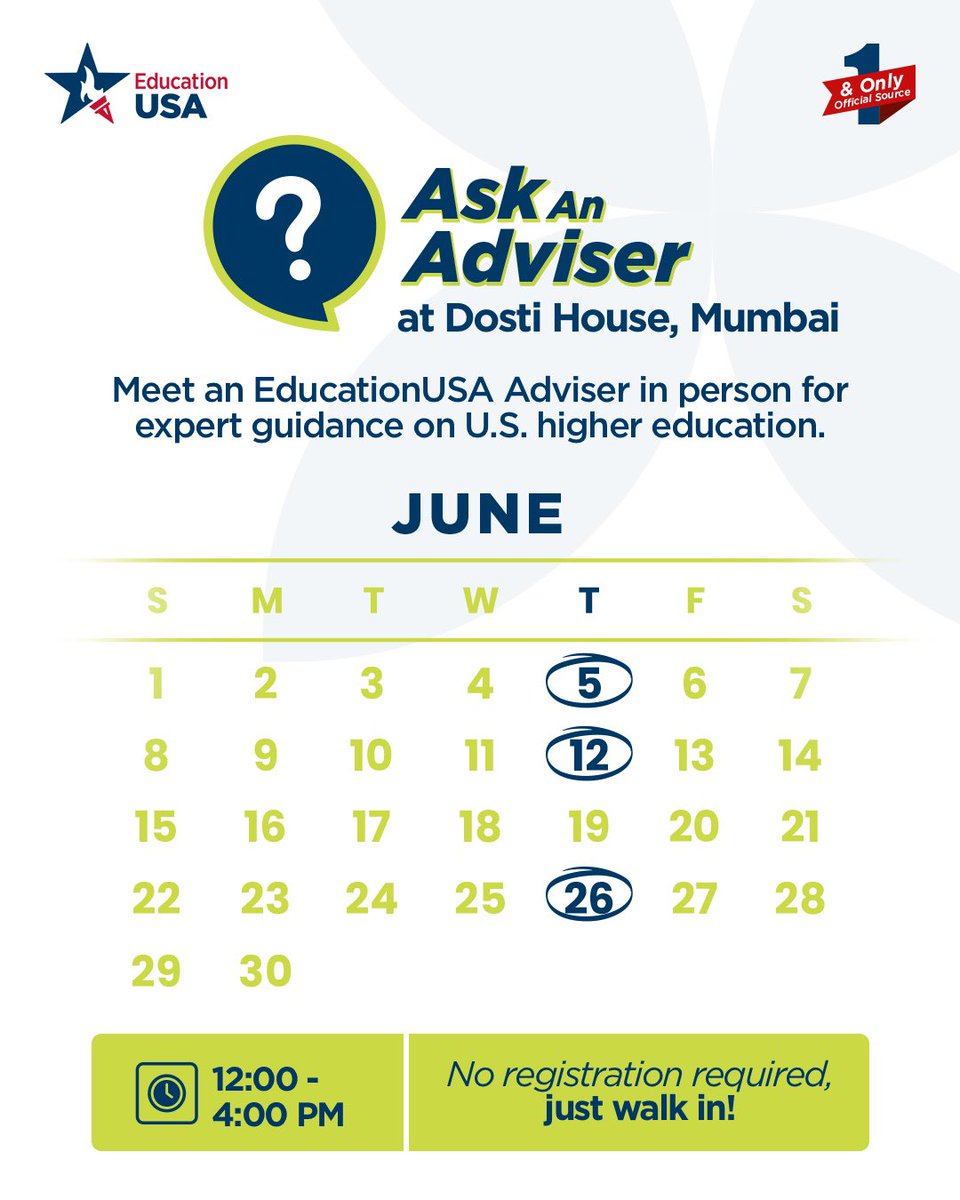 Got questions about studying in the U.S.? We’ve got answers! 

Join us at Dosti House (American Library) every Thursday from 12 PM-4 PM, where an EducationUSA adviser will be available to guide you through your U.S. higher education journey! 

#StudyInTheUSA #EducationUSAIndia