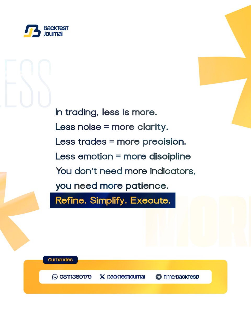 backtestjournal's tweet image. In trading, less is more.

Less noise = more clarity.
Less trades = more precision.
Less emotion = more discipline.

You don’t need more indicators,
you need more patience.

Refine. Simplify. Execute.

#BacktestJournal #Forex #MinimalTrading #SmartMoney #TradingDiscipline