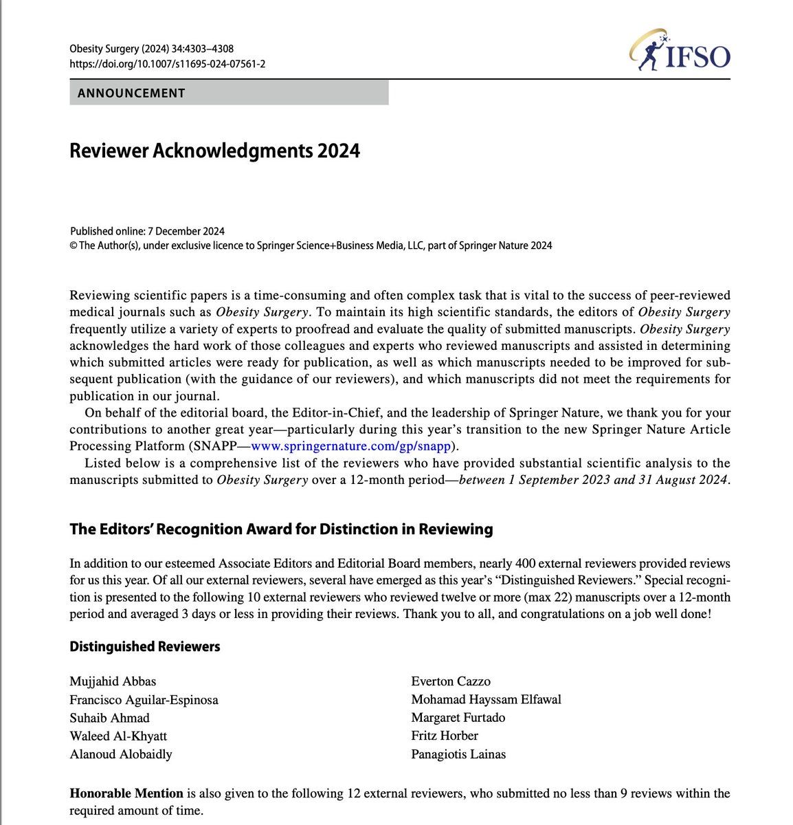Honoured to receive the Editors’ Recognition Award for Distinction in Reviewing from Obesity Surgery, the official journal of IFSO.