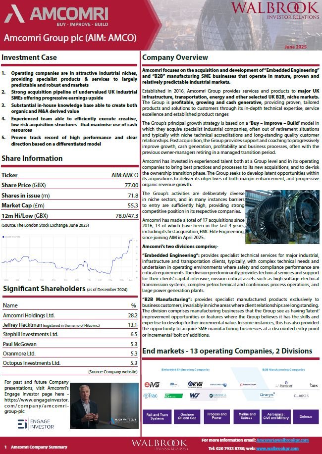📖Read our updated 2 page company summary for <a href="/AmcomriGroup/">Amcomri</a> (AIM: #AMCO) which includes:
 
🔍Company overview
📈Investment case
♟️Acquisition strategy &amp; criteria 
⚙️End markets

walbrookpr.com/docs/libraries…