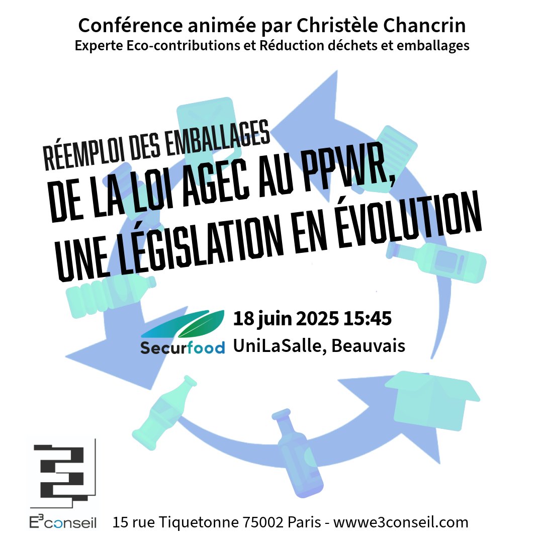 #Conférence #Réemploi #LoiAGEC #PPWR <a href="/E3CONSEIL/">E3 CONSEIL</a> vous convie à sa conférence lors de @SECURFOOD le 18 juin prochain. Nous serons également heureux de vous accueillir sur notre stand  les 18 et 19 juin 2025. Au plaisir de vous rencontrer ! 😊