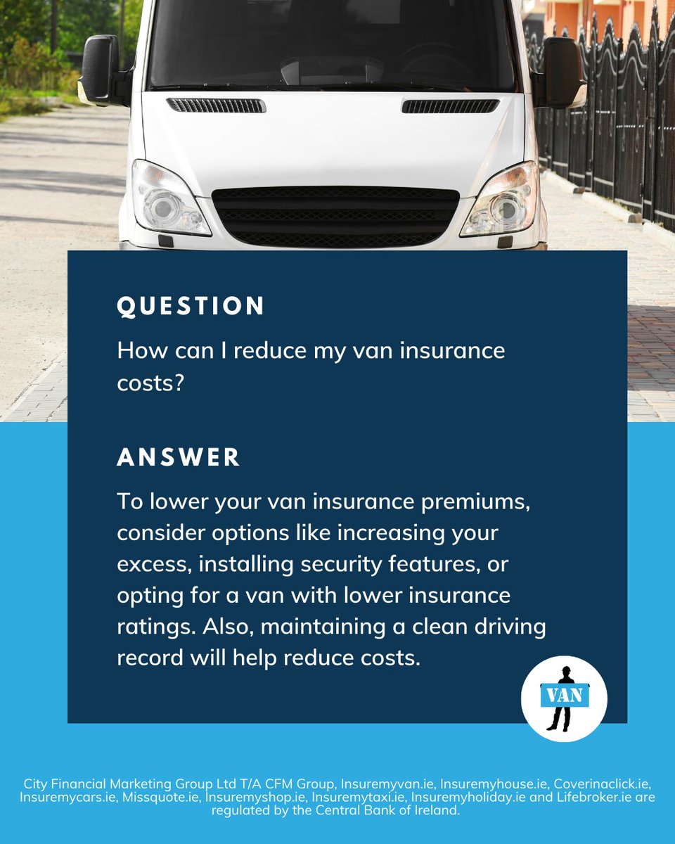Looking to lower your van insurance costs? 🚐 Simple changes like boosting security, raising your excess, and keeping a clean record can help! Got more questions? 👉 insuremyvan.ie/faqs/

#insuremyvan #faq #didyouknow #truckdriverlife #ad