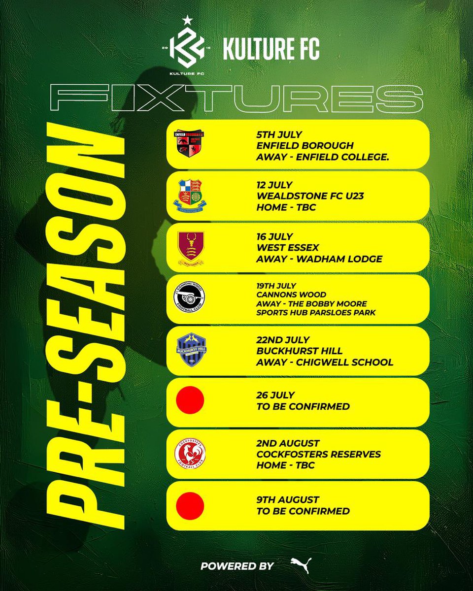 Kulture FC (@kulturefc) on Twitter photo Pre season schedule 25/26π’
We are currently looking for two more fixtures for the following dates.
π 26th July - Away fixture
π 9th August - Away fixture
<a href="/FRIENDLYGAMEUK/">Friendly Game</a> <a href="/fffinderuk/">football Friendly finder</a> <a href="/GrassrootsFFUK/">Grassroots Friendly Finder</a> Pre season schedule 25/26π’
We are currently looking for two more fixtures for the following dates.
π 26th July - Away fixture
π 9th August - Away fixture
<a href="/FRIENDLYGAMEUK/">Friendly Game</a> <a href="/fffinderuk/">football Friendly finder</a> <a href="/GrassrootsFFUK/">Grassroots Friendly Finder</a>