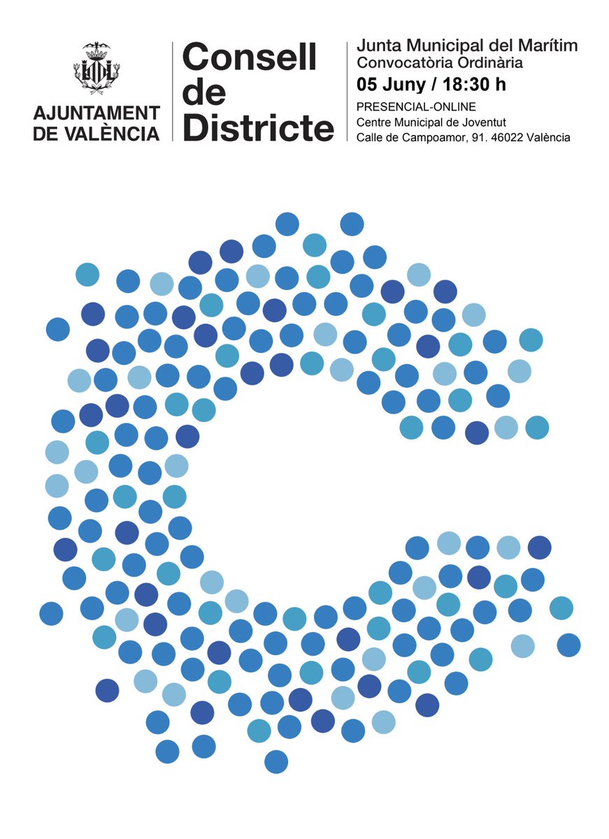🔶 Hui continuen els #ConsellsdeDistricte i és el torn de #Marítim.

👉 Consulta amb la teua Junta Municipal com participar de forma presencial 👥 o telemàtica 💻

📍 Centre Municipal de #Joventut

⏰ 18:30 h