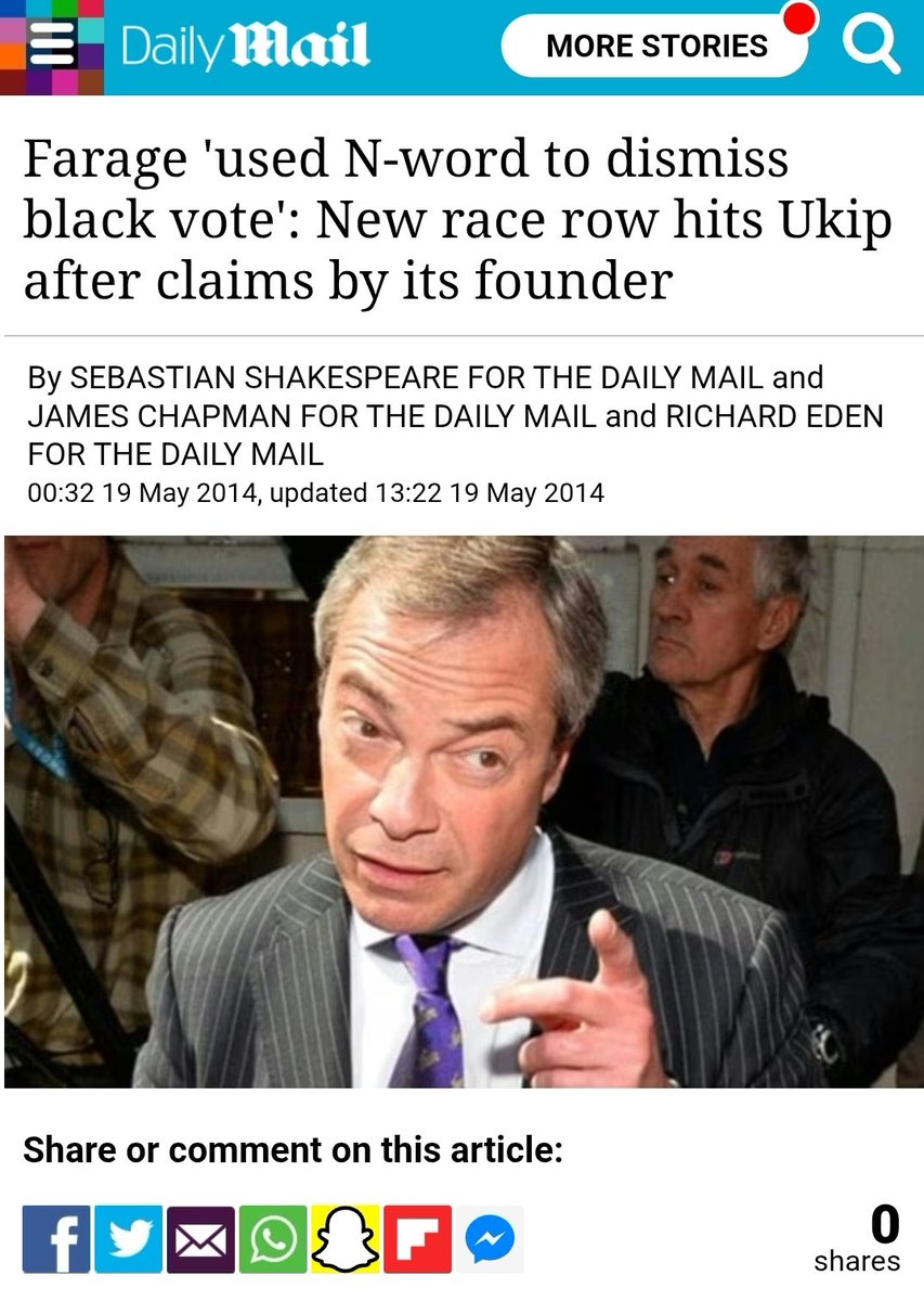 UKIP founder Alan Sked said that Farage told him, “We needn’t worry about the n****r vote”,’ Professor Sked told the Daily Mail. ‘He added: “The n**-n**s will never vote for us.”'

This proof of Farage's racism appears to have been forgotten. Let's publicise it.